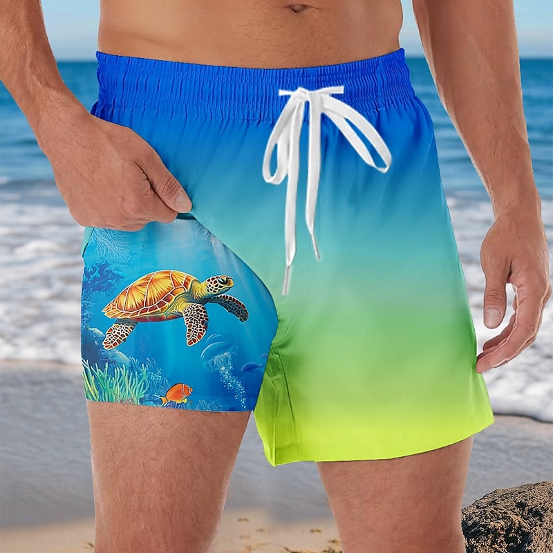 Men's Gradient Color Sea Turtle Lined Shorts 2 in 1 Board Shorts Swim Shorts Mid Waist Hawaiian Vacation Beach Wear Side Pockets With Compression Liner Elastic Drawstring Waist Designer Clothing2
