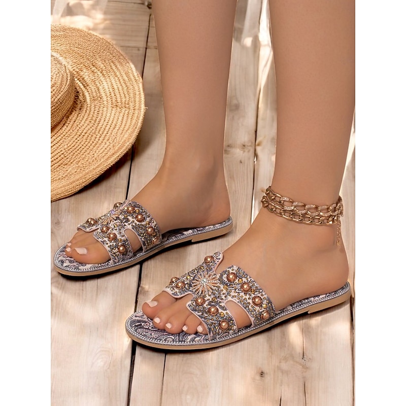 Women's Bohemian Rhinestone Embellished Flat Sandals – Paisley Print Slip-On Summer Slides for Beach, Vacation & Casual Wear3
