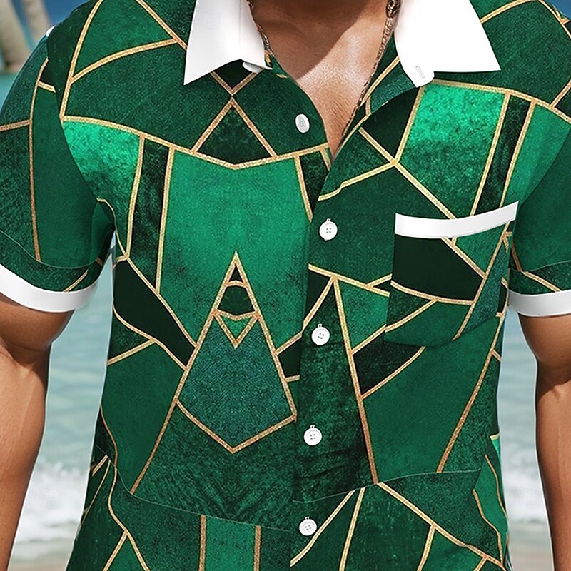 Men's Geometric Abstract Art Shirt Summer Shirt Button Up Shirt Short Sleeve Fashion Casual Vacation Sports Outdoor Beach Wear Summer Spring Turndown Collared Shirts Front One Pocket Green2