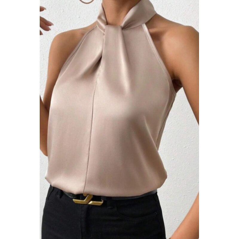 Women's Blouse Satin Plain Stylish Modern Sleeveless High Neck Regular Tops Daily Holiday Going out Ruched Black White Camel Purple Summer2