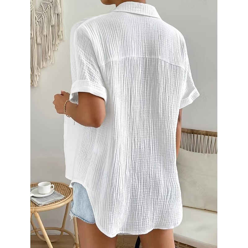 Women's Cotton Linen Shirt Blouse Solid Color Elegant Casual Short Sleeve Shirt Collar Regular Tops Daily Holiday Buttons White Summer Spring4