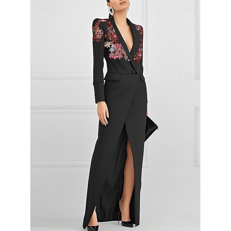 Tuxedo Dress A-Line Formal Stretch Crepe Elegant Vintage Long Sleeve Floor Length Shawl Lapel2