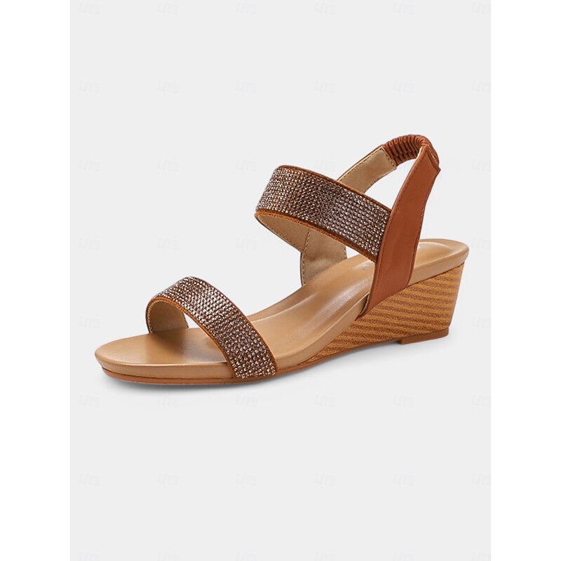 Women's Rhinestone Wedge Sandals – Brown Open-Toe Elastic Strap Comfort Shoes for Summer, Casual & Dressy Occasions4