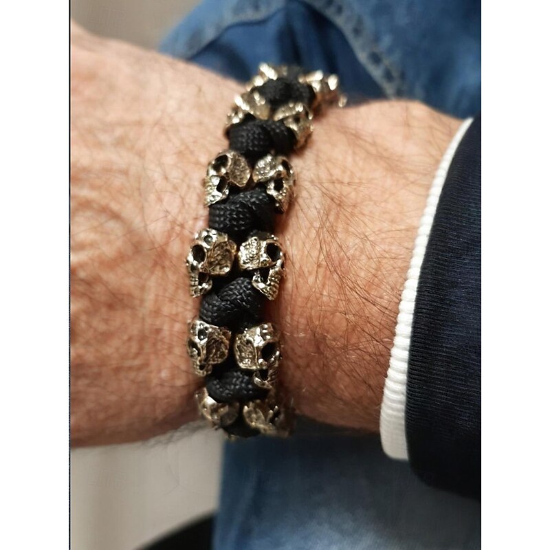Men's Punk Skull Bracelet - Survival Handwoven Paracord Bracelet, Metal Gothic Biker Wristband, Rock Style Jewelry for Parties and Concerts
