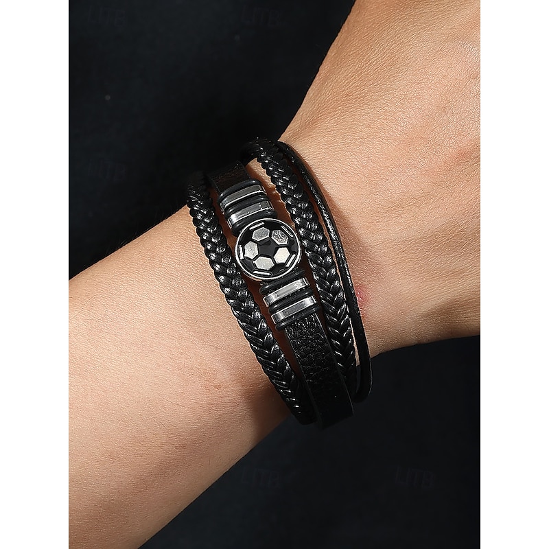 Men's Soccer Bracelet – Black Faux Leather Braided Wrap Bracelet with Football Charm, Sports-Inspired Jewelry for Casual Wear & Gifts