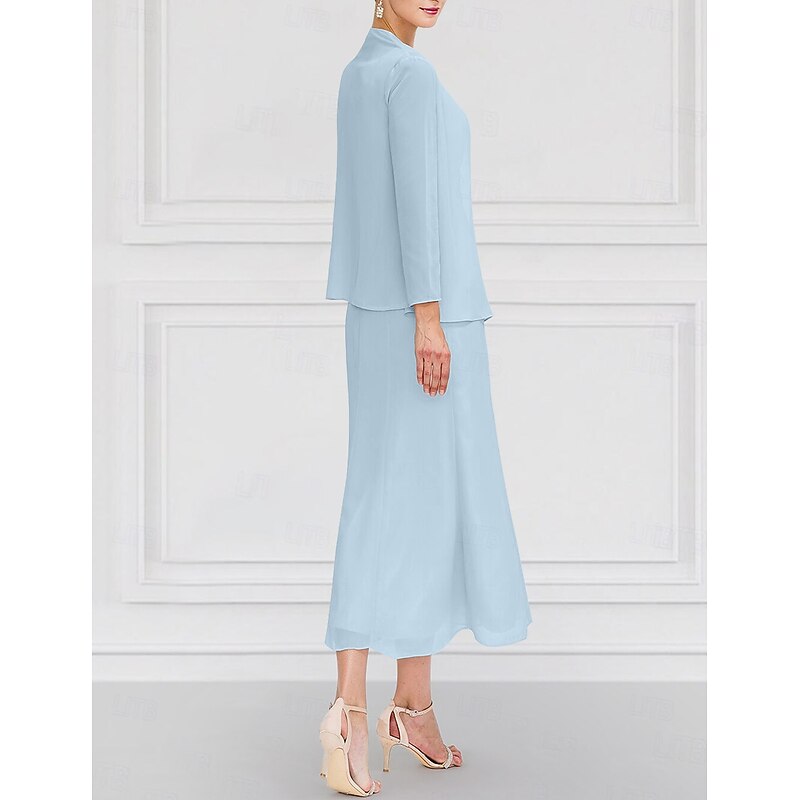 Floral Two Piece Dress Sets Mother of the Bride Elegant Vintage Jewel Neck Ankle Length Chiffon Long Sleeve with Lace Embroidery Flower4