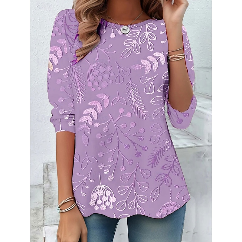 Women's T shirt Long Sleeve Crew Neck Long Sleeve Tunic 3D Print Floral Graphic Casual Regular Tops Daily Print Pink Purple Green Khaki Fall Prefall4