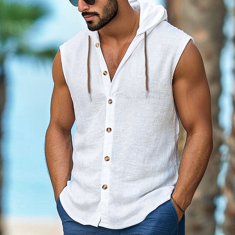 Men's Shirt Linen Shirt Casual Shirt Button Up Shirt Untucked Shirts Plain Vacation Street Black White Navy Blue Brown Sleeveless Hooded Summer Clothing Apparel Adjustable Drawstring Hood