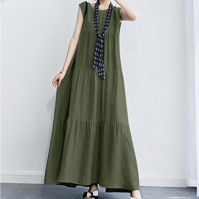Women's Long Dress Maxi Dress Linen-Inspired Dresses Casual Dress Fashion Classic Modern Vacation Going out Weekend Regular Fit Plain Sleeveless Crew Neck Black Green Gray Summer4