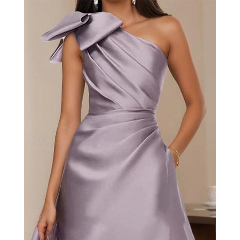 A-Line Evening Gown Elegant Dress Formal Evening Party Floor Length Sleeveless One Shoulder Satin with Bow(s) Pleats3