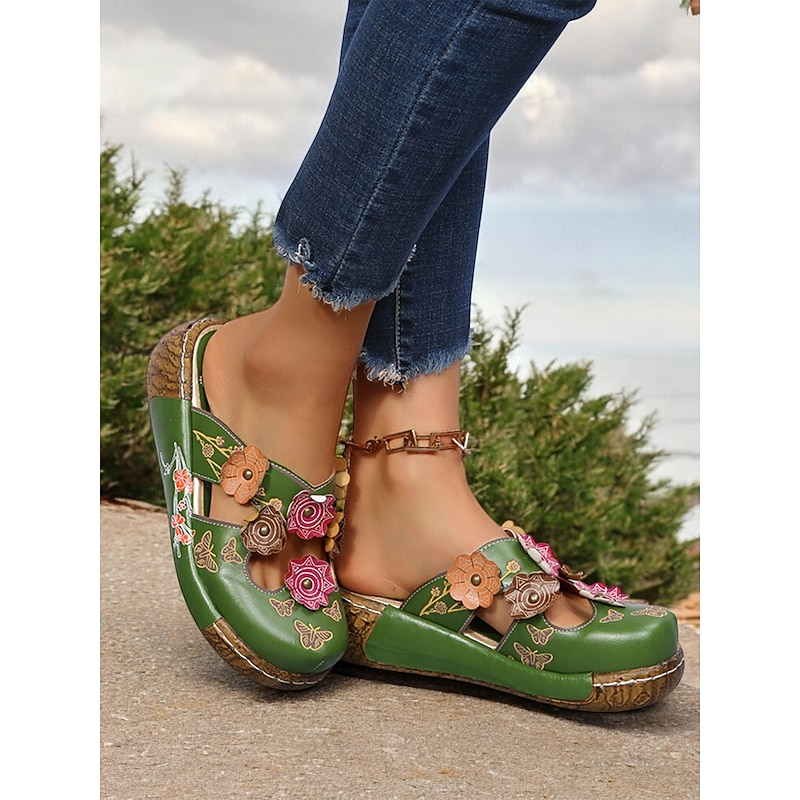 Women's Floral Leather Clog Sandals – Handmade Bohemian Slip-On Wedge Mules with Cutout Design for Casual Wear and Outdoor Comfort