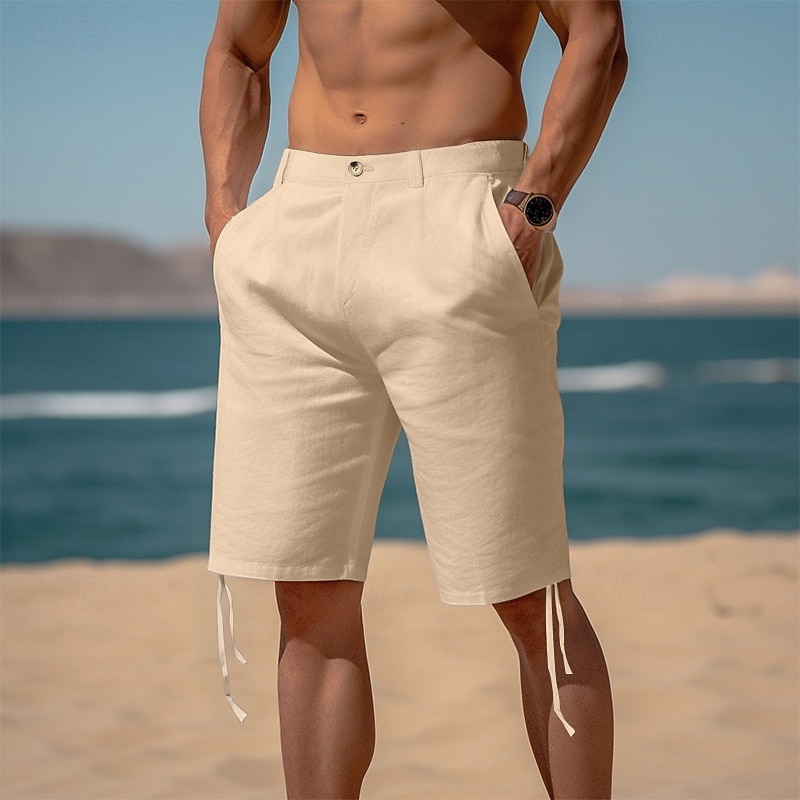 Men's Shorts Linen Shorts Summer Shorts Beach Shorts Pocket Leg Drawstring Straight Leg Plain Comfort Breathable Knee Length Casual Daily Holiday Vacation Fashion White Navy Blue