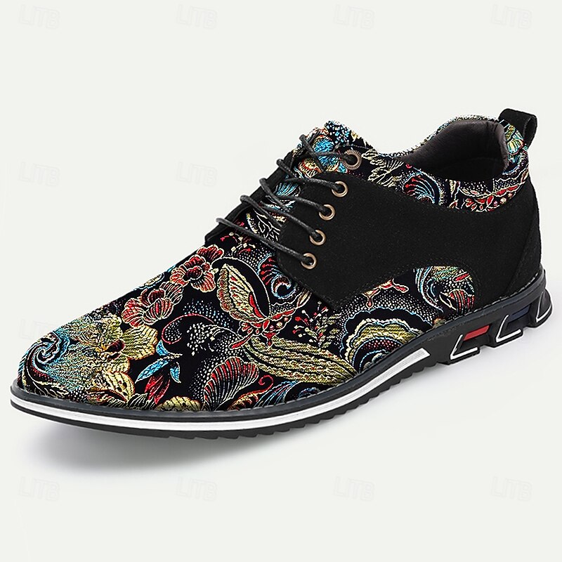 Men's Black Jacquard Floral Lace-Up Dress Shoes, Vibrant Embroidered Detail, Perfect for Weddings and Special Events4