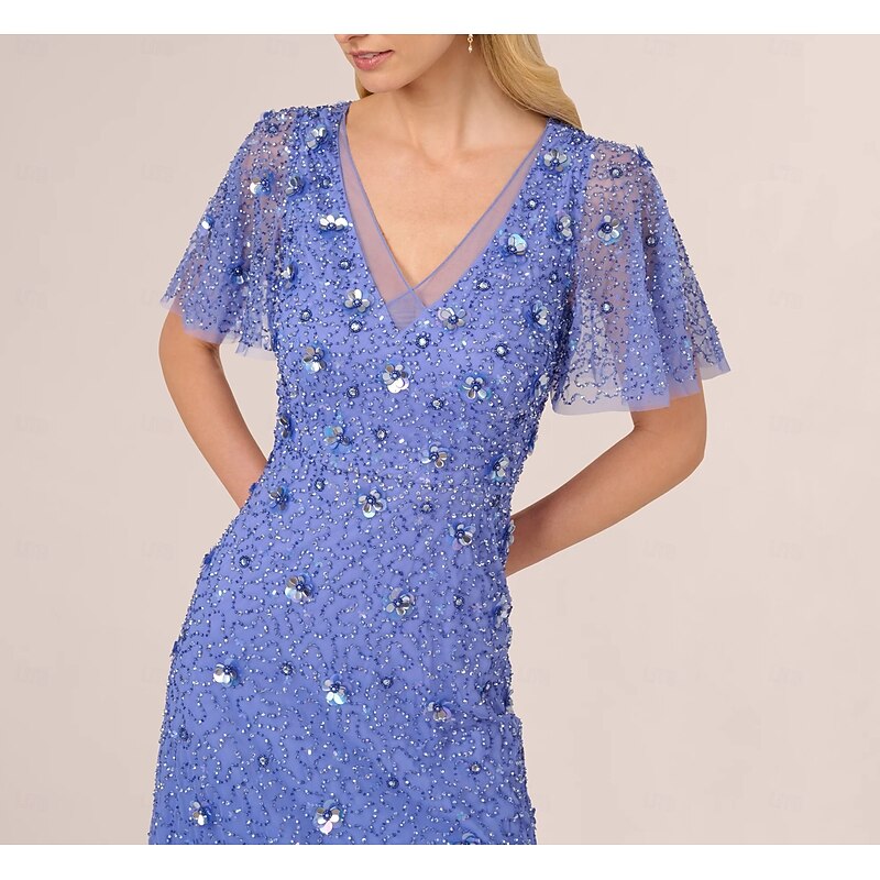 Beaded A-Line Dress Mother of the Bride Wedding Elegant Vintage V Neck Floor Length Lace Short Sleeve with Lace Sequin3