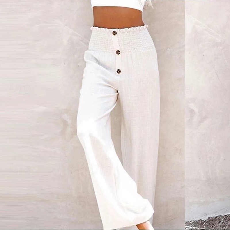 Women's Cotton Linen Pants Slacks Palazzo Pants Casual Full Length Natural Plain Elastic Waist Comfy Outdoor Comfortable Street Daily Wear Wine Black White Khaki Summer Regular Fit2