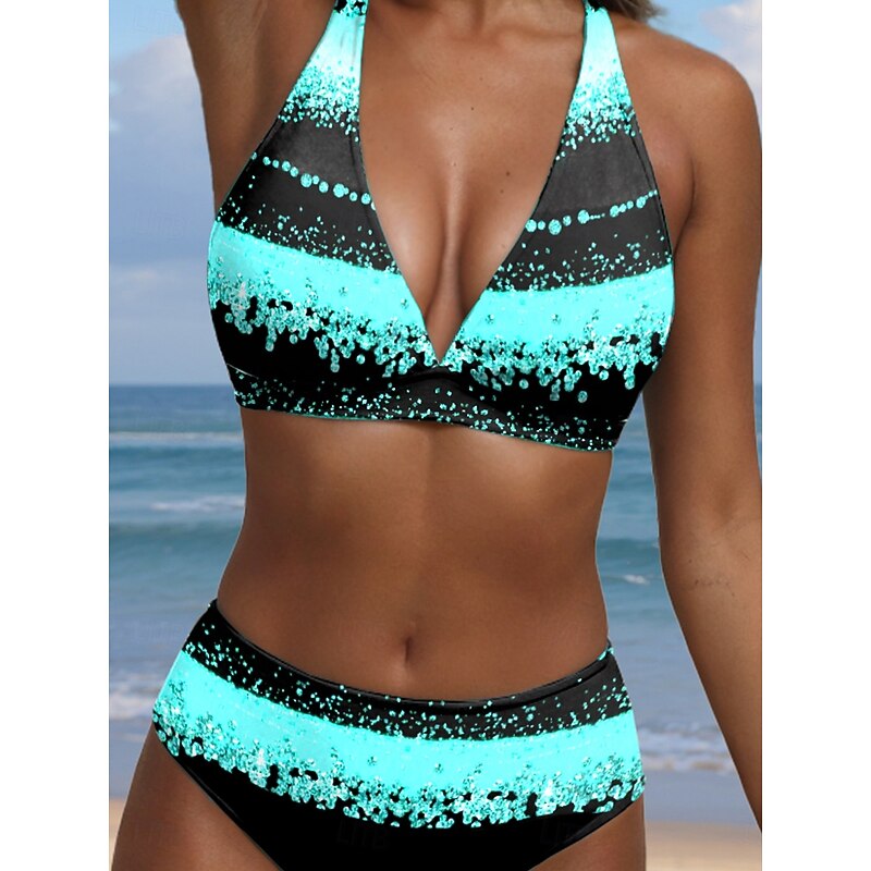 Women's Swimsuits Bikini 2 Piece Cheeky Swimsuit Halter Sexy Ombre Geometric V Wire Sleeveless Bathing Suits2