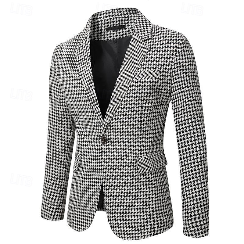 Men's Blazer Cocktail Attire Wedding Party Cocktail Chic & Modern Elegant & Luxurious Summer Spring Polyester Houndstooth Single Breasted One-button Blazer White+Black2