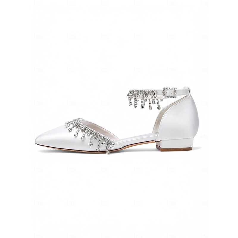 Women's White Satin Ankle Strap Wedding Heels – Pointed Toe Bridal Shoes with Crystal Drop Detail2
