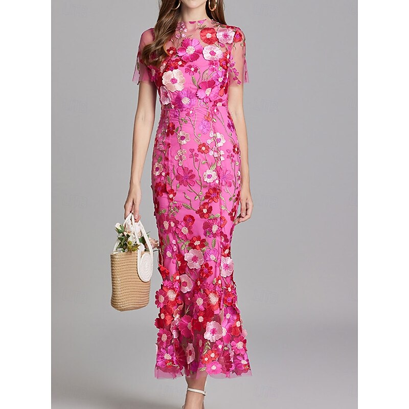 Mermaid Party Dresses Vintage Dress Wedding Wedding Guest Ankle Length Short Sleeve Crew Neck Tulle with Embroidery Dresses3