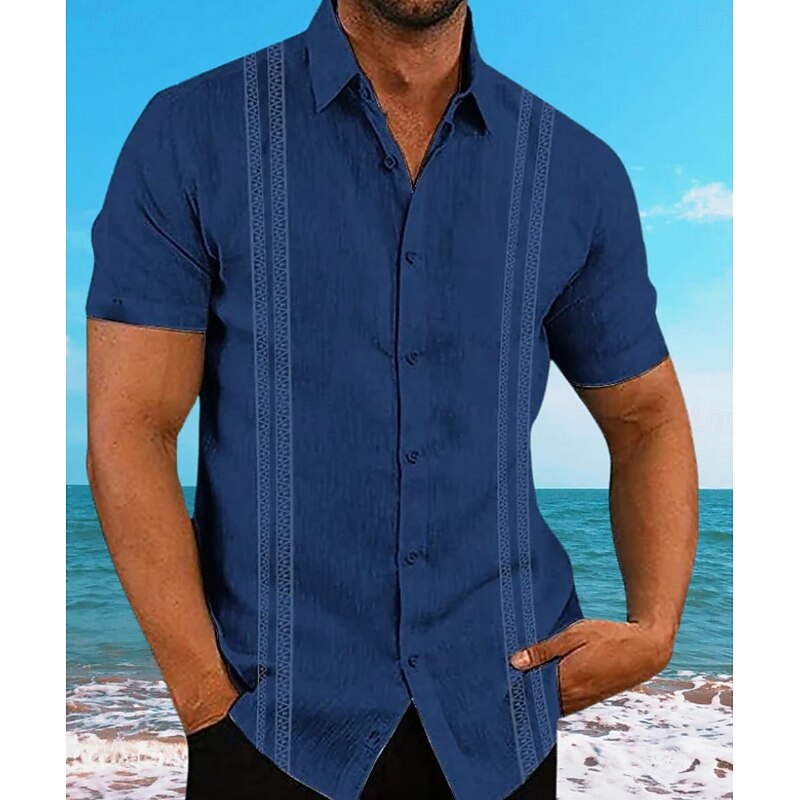 Men's Guayabera Shirt Summer Shirt Casual Shirt Button Up Shirt Black White Dark Navy Short Sleeve Pattern Solid / Plain Color Lapel Vacation Hawaiian Clothing Apparel Polyester Fashion Casual2