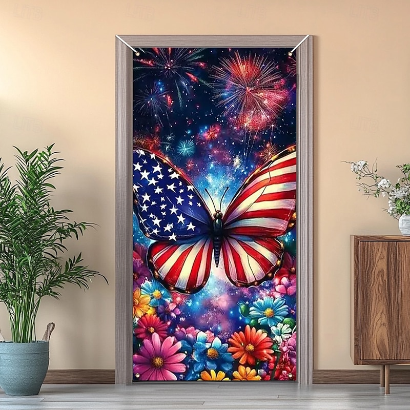 4th of July Independence Day Door Decorations Door Covers American Door Tapestry Door Curtain Decoration Backdrop Indoor/Outdoor Door Banner for Front Door Farmhouse4