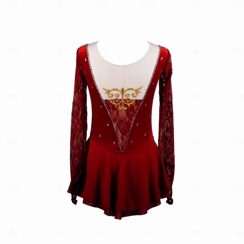 Figure Skating Dress Women's Girls' Ice Skating Dress Burgundy Patchwork Thumbhole Mesh Spandex Lace Stretchy Training Practice Professional Skating Wear Thermal Warm Classic Crystal / Rhinestone3