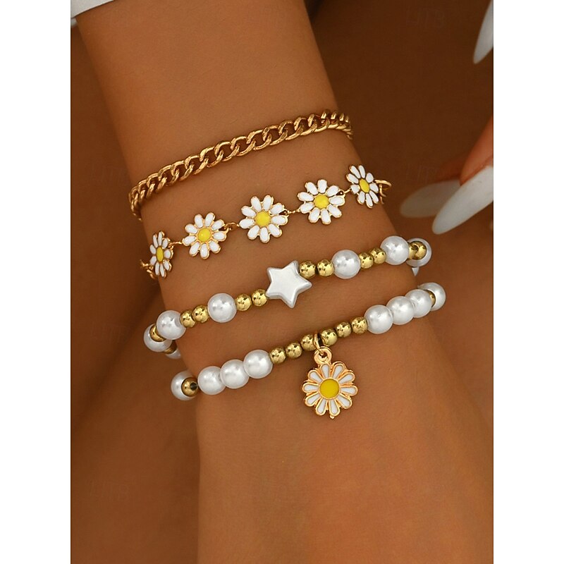 "Boho Daisy Pearl Bracelet Set for Women – Gold Chain & Beaded Layered Bracelets, Cute Floral Jewelry for Summer, Beach, Festivals and Casual Wear"2