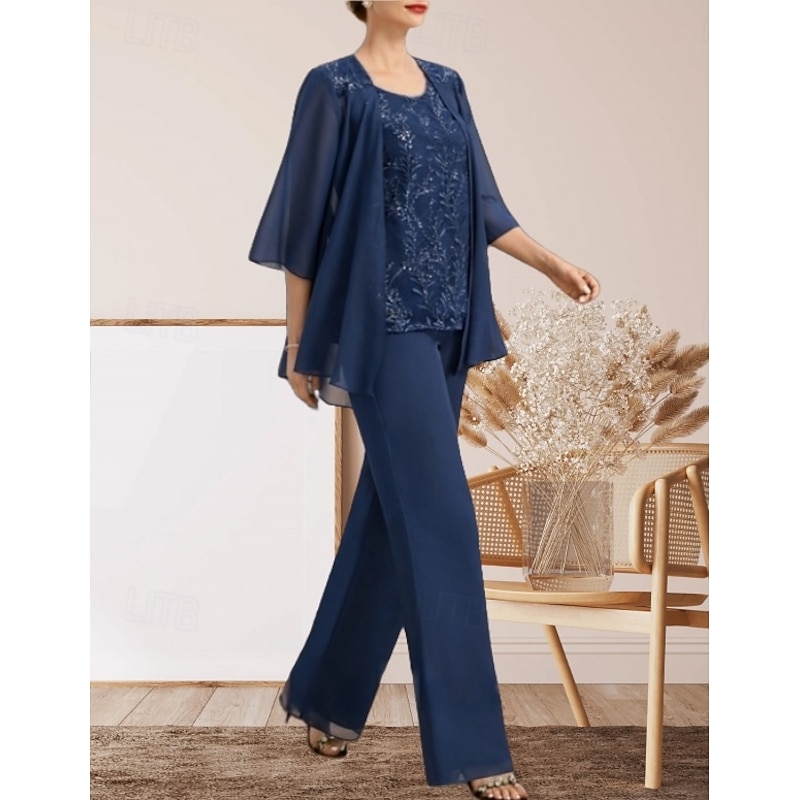 Pantsuit 3 Piece Mother of the Bride Dress Wedding Guest Elegant Crew Neck Floor Length Chiffon Lace 3/4 Length Sleeve with Lace3