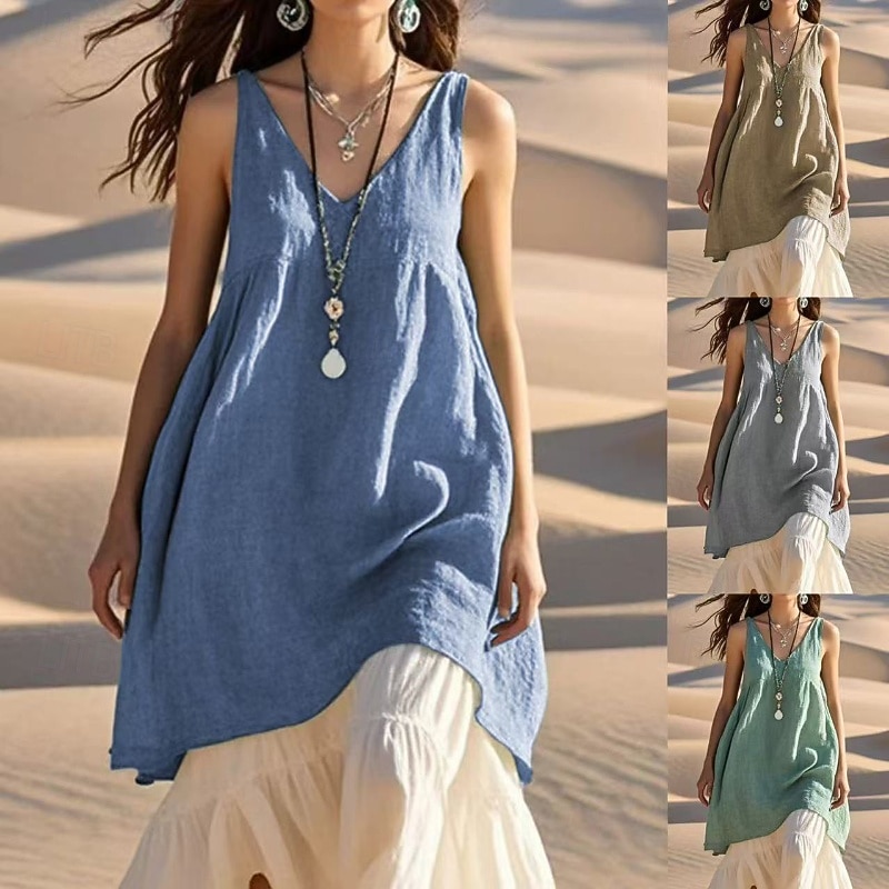 Women's Mini Dress Linen-Inspired Dresses Cotton Linen Dress Fashion Classic Modern Daily Weekend Regular Fit Plain Sleeveless V Neck Light Green Khaki Gray Light Blue Summer2