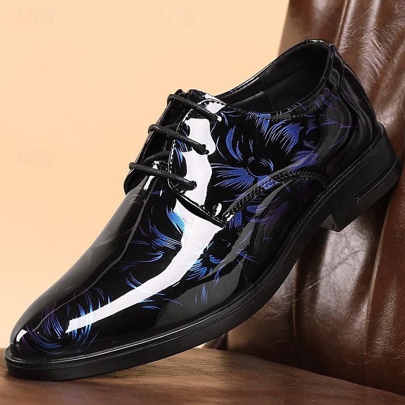Men's Black Patent Leather Oxford Shoes – Glossy Lace-Up Dress Shoes with Red Feather Pattern for Weddings & Formal Events4