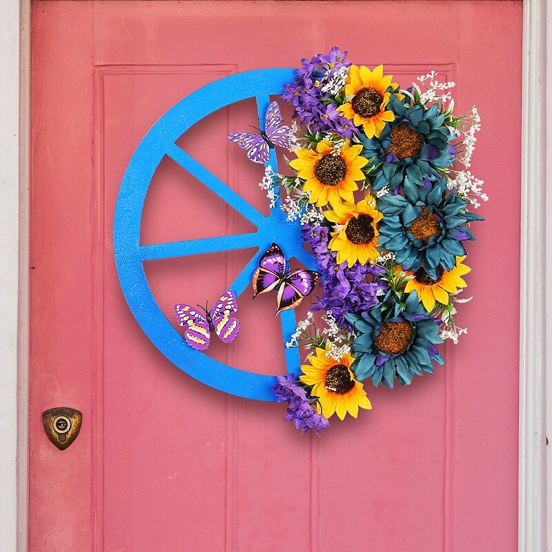 Spring Wreath Blue Wheel Artificial Sunflower & Butterfly Decor Rustic Farmhouse Wall Hanging for Door, Fence & Garden Ornament4