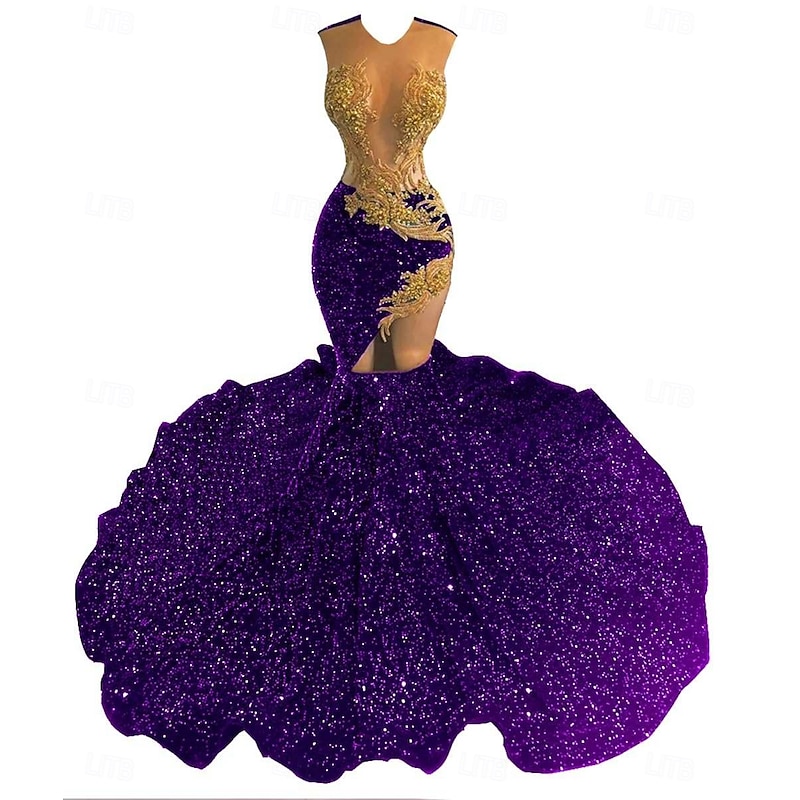 Mermaid / Trumpet Evening Gown Elegant Dress Evening Party Prom Sweep / Brush Train Sleeveless Illusion Neck Cotton with Rhinestone Glitter Sequin