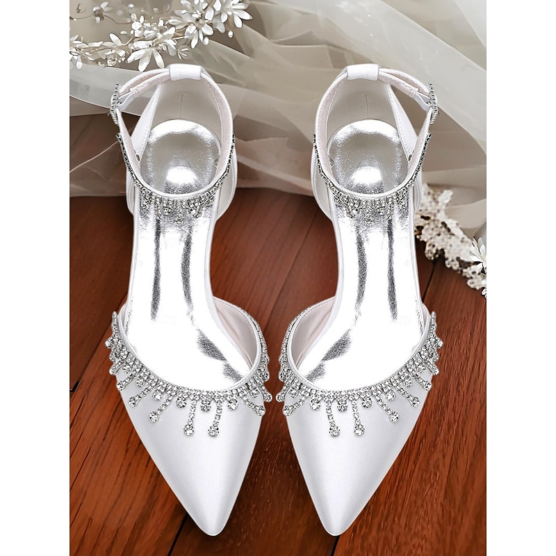 Women's White Satin Ankle Strap Wedding Heels – Pointed Toe Bridal Shoes with Crystal Drop Detail