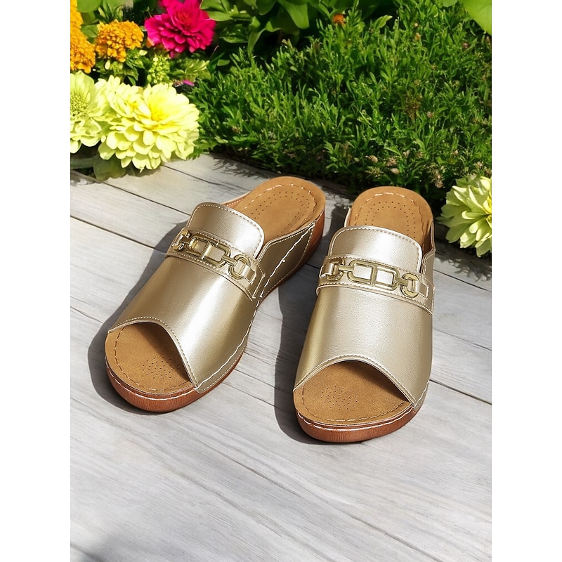 Women's Gold Metallic Slide Sandals - Open-Toe  Comfort Sandals with Chain Detail for Casual & Summer Wear3