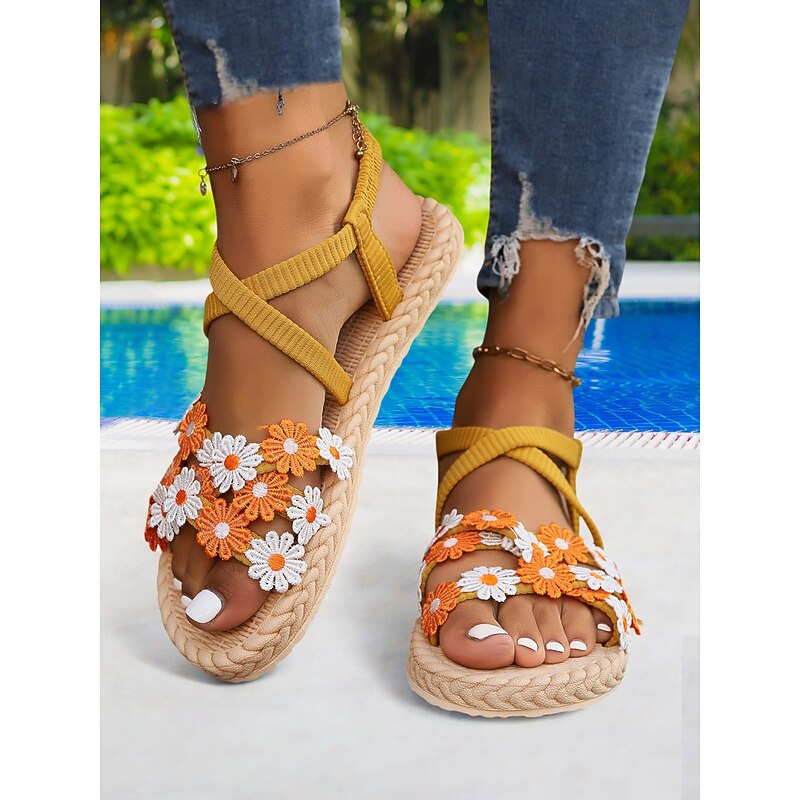 Women's Boho Floral Sandals – Colorful Embroidered Flower Strappy Flats for Summer, Beachwear, and Casual Outdoor Style4
