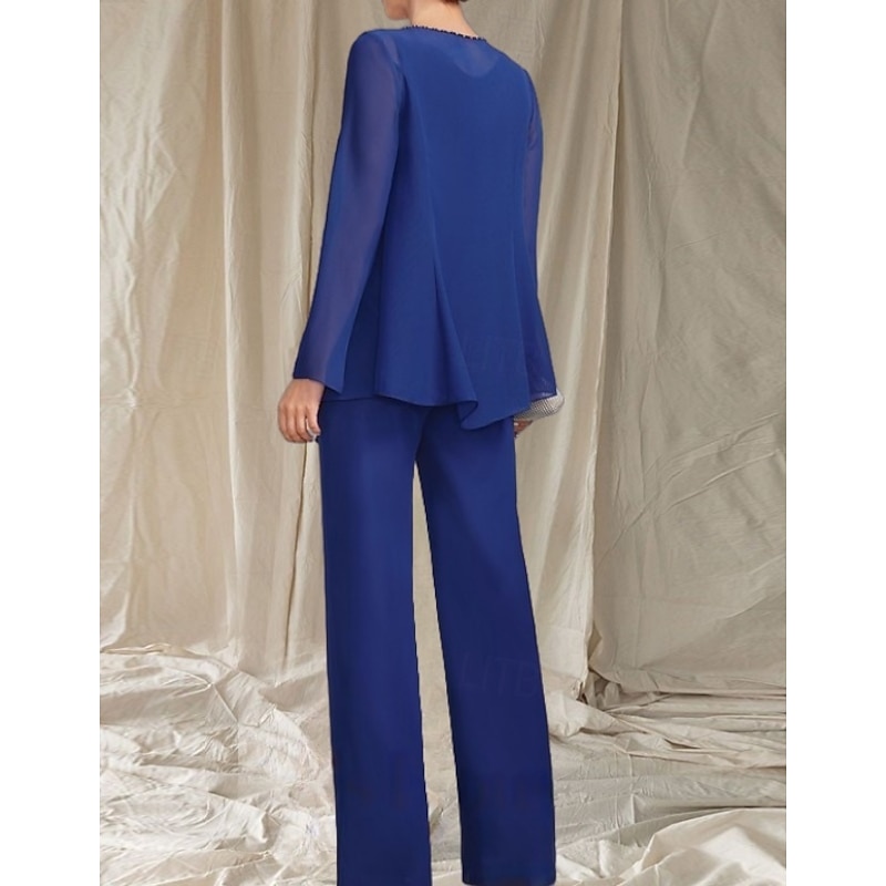 Pantsuit 3 Piece Mother of the Bride Dress Wedding Guest Elegant Crew Neck Floor Length Chiffon Long Sleeve with Beading2