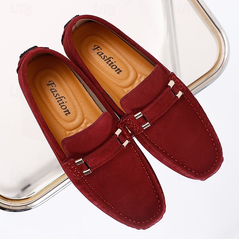 Men's Burgundy Suede Loafers – Slip-On Driving Moccasins with Metal Accent for Casual & Business Wear4