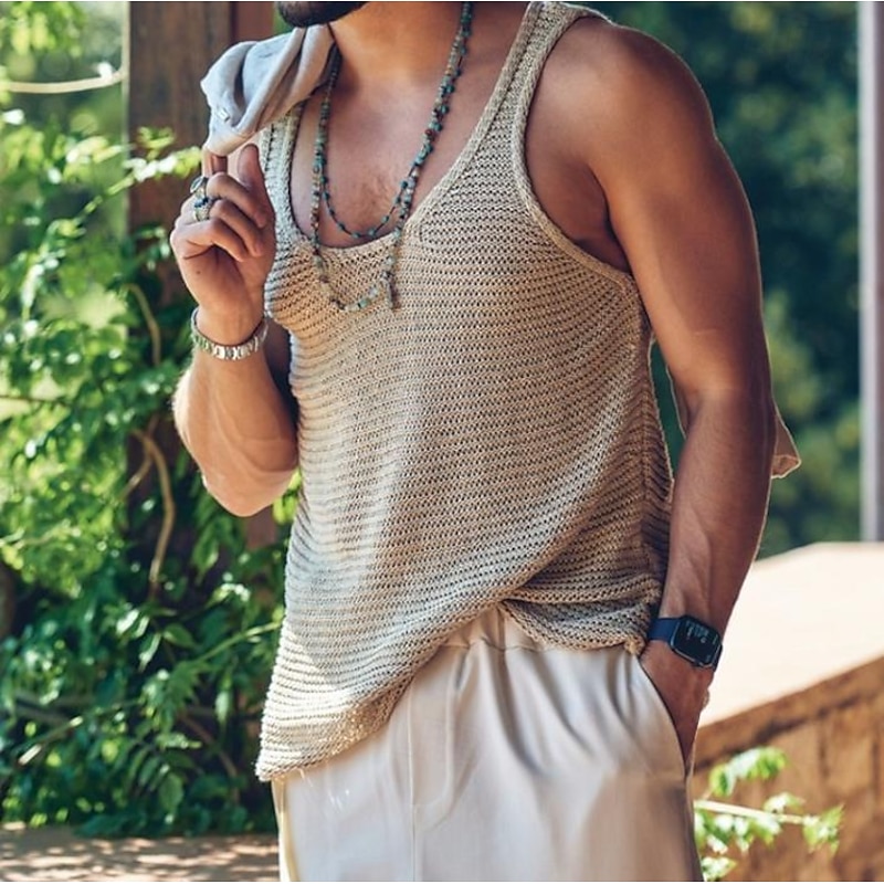 Men's Tank Top Sleeveless Shirt Sleeveless Crew Neck Summer Solid Color Fashion Designer Muscle Knitted Outdoor Black Blue Green Top Tee for Men