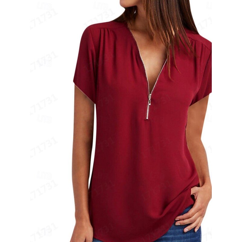 Women's T Shirt Solid Color Plain Fashion Modern Casual Short Sleeve V Neck Regular Tops Daily Weekend Zipper Black White Pink Wine Royal Blue Summer4