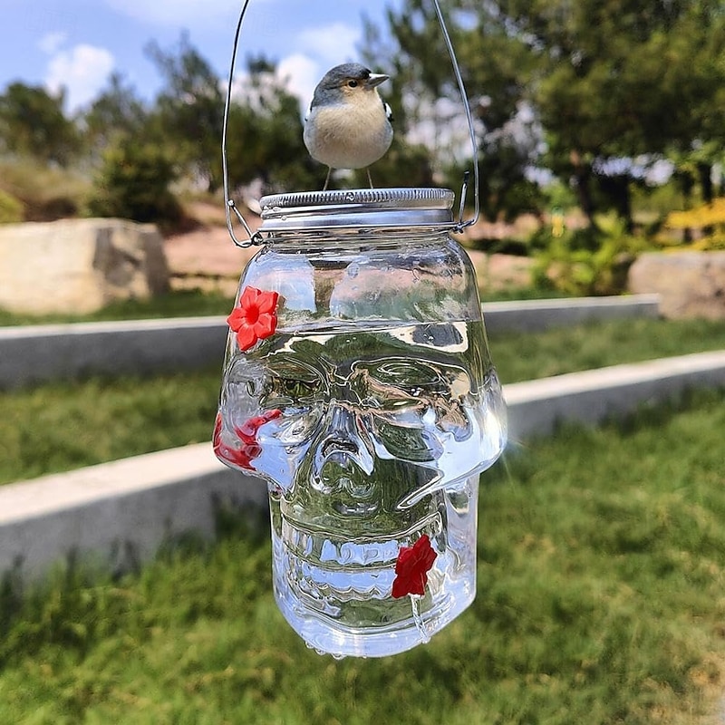 Hummingbird Feeder for Outdoors Hanging, Skull Shaped Humming Bird Feeder with 4 Feeding Ports, Halloween Gothic Bird Feeder Garden Backyard Decorative, Clear4