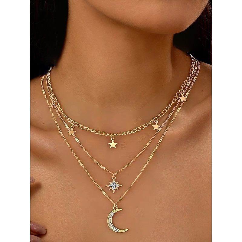 Gold Layered Moon and Star Pendant Necklace – Elegant Bohemian Multi-Layer Chain Jewelry for Women, Dainty Celestial Charm Necklace, Perfect for Parties, Weddings and Gifts3
