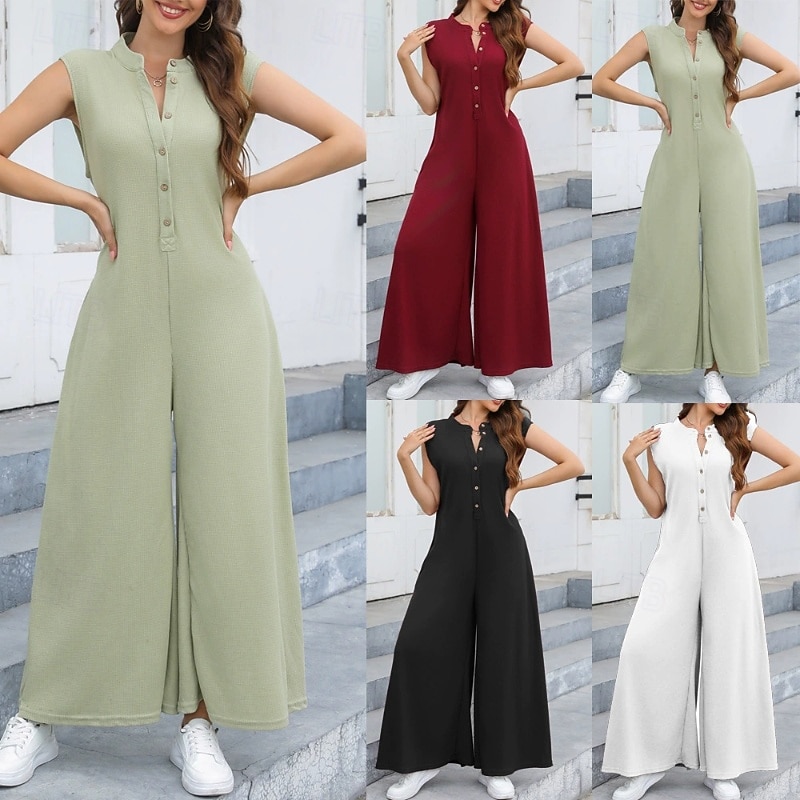 Women's Normal Jumpsuit Streetwear Solid Color Sleeveless V Neck Buttons Street Going out Regular Fit Black White Light Green Summer