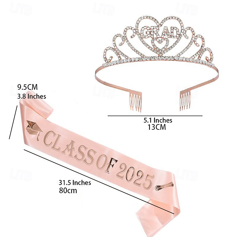 Graduation Party Supplies Kit, Glittered Metal Graduation Princess Grad Crown Tiara, Class of 2025 Graduate Sash, Rhinestone Letter Headpiece, Alloy Tiara and Sash Set2