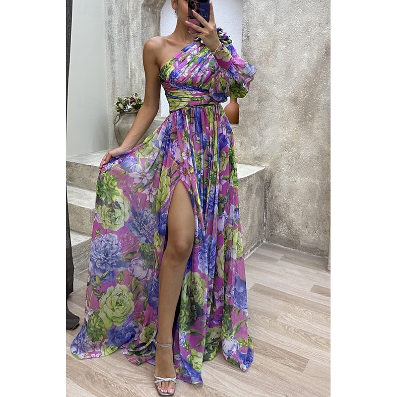 Women's Long Dress Maxi Dress Prom Dress Party Dress Print Dress Elegant Fashion Party Special Occasion Regular Fit Flower Long Sleeve One Shoulder Yellow Purple Green Summer3