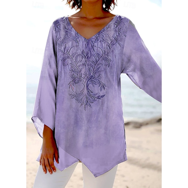 Women's Blouse Long Sleeve Asymmetrical Hem Floral Graphic Stylish Ethnic Beach Short Sleeve V Neck Regular Tops Daily Holiday Print Pink Blue Purple Green Summer Spring