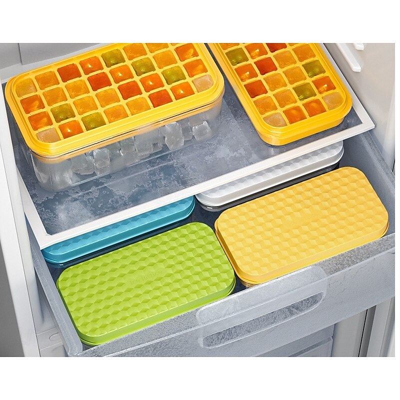 Ice Cube Tray with Lid&Bin, Ice Cube Mold with 32/64 Cubes, Stackable Ice Trays for Freezer with Easy-Release Silicone Bottom, for Drinks, Coffee, cocktail3