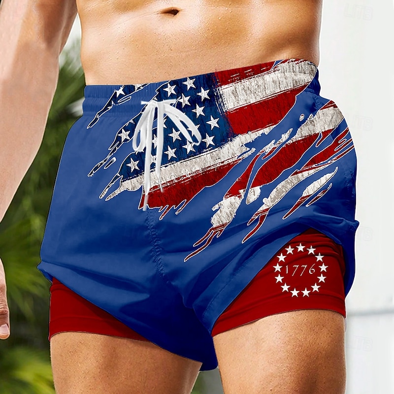 Men's US Flag Patriotic 1776 Lined Shorts 2 in 1 Board Shorts Swimming Trunks Mid Waist Hawaiian Vacation Beach Wear Side Pockets With Compression Liner Elastic Drawstring Waist Designer Clothing3