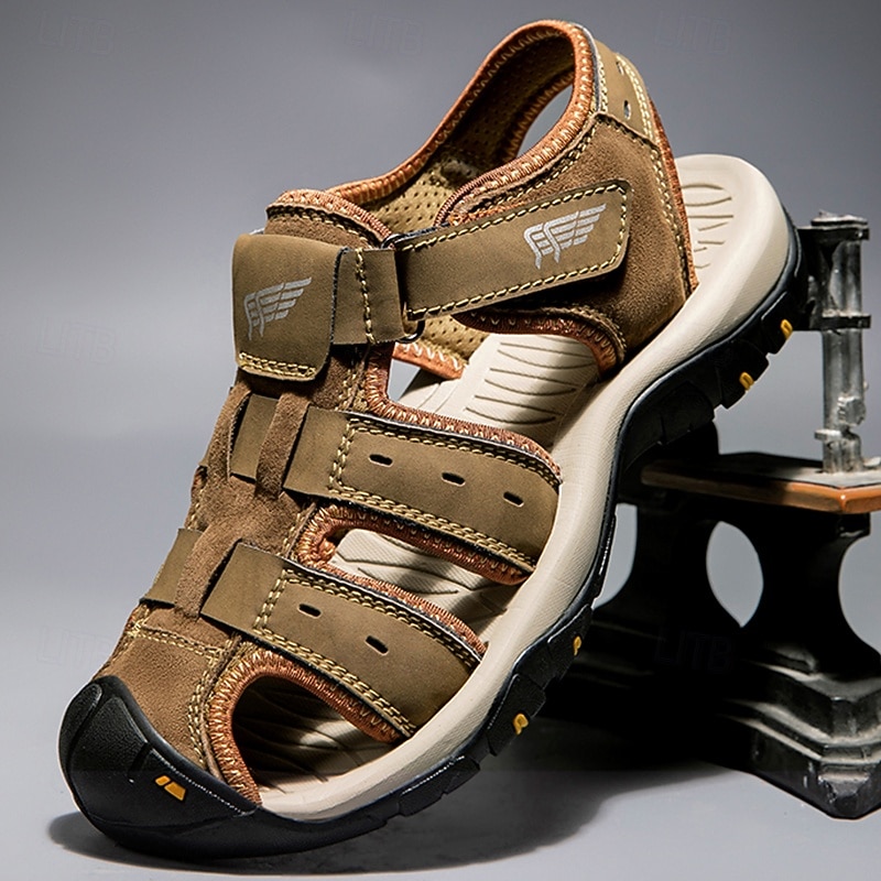 Men's Green and Brown Multi-Strap Sports Sandals with Adjustable Velcro and Anti-Slip Sole for Outdoor Adventures