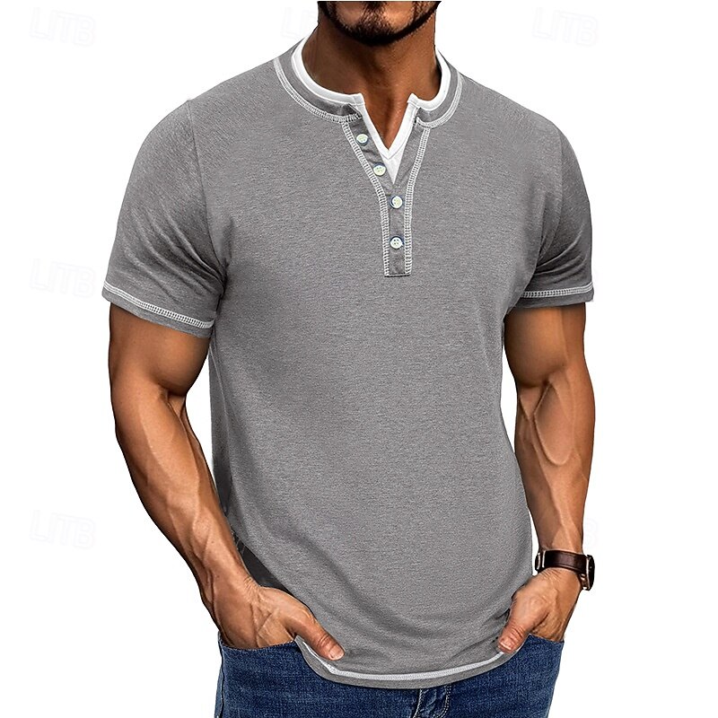 Men's Henley Shirt Tee Short Sleeve Plain Vintage Buttons Fake two piece Henley Outdoor Casual Daily Summer Spring &  Fall Dark Grey Black Light Blue Henley T-Shirt3