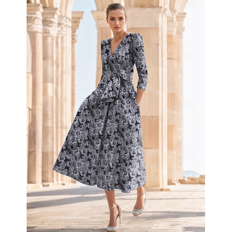 Jacquard A-Line Cocktail Dresses Elegant Dress Wedding Guest Church Ankle Length Half Sleeve V Neck Chiffon with Floral Bow(s) Wedding Guest Dress